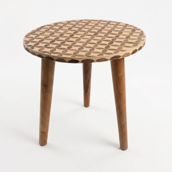 Geometric Wood Inlay Tripod Side Table